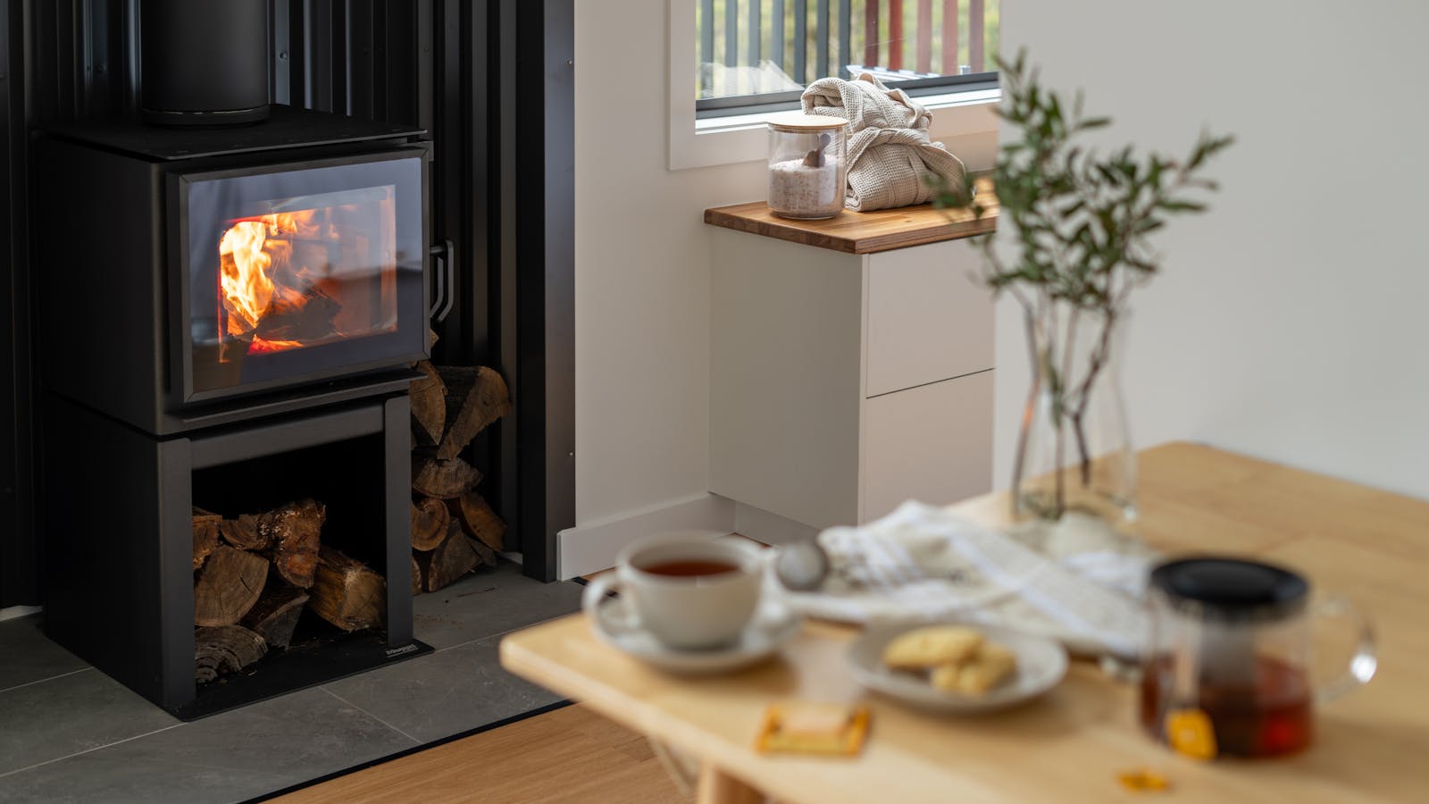 Fireplace and Afternoon Tea in Stillwater Cabin