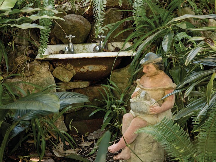 Examples of sculpture and art installations in Wendy Whiteley's Secret Garden, Lavender Bay