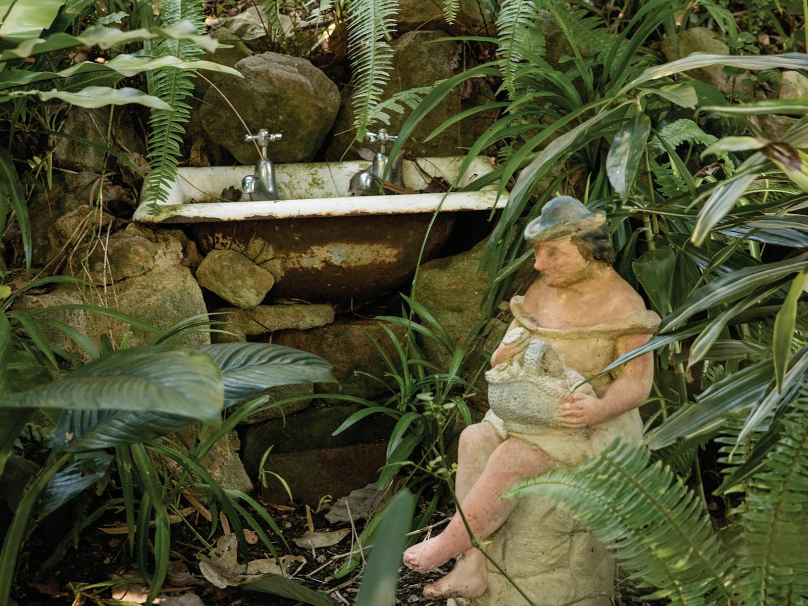 Examples of sculpture and art installations in Wendy Whiteley's Secret Garden, Lavender Bay