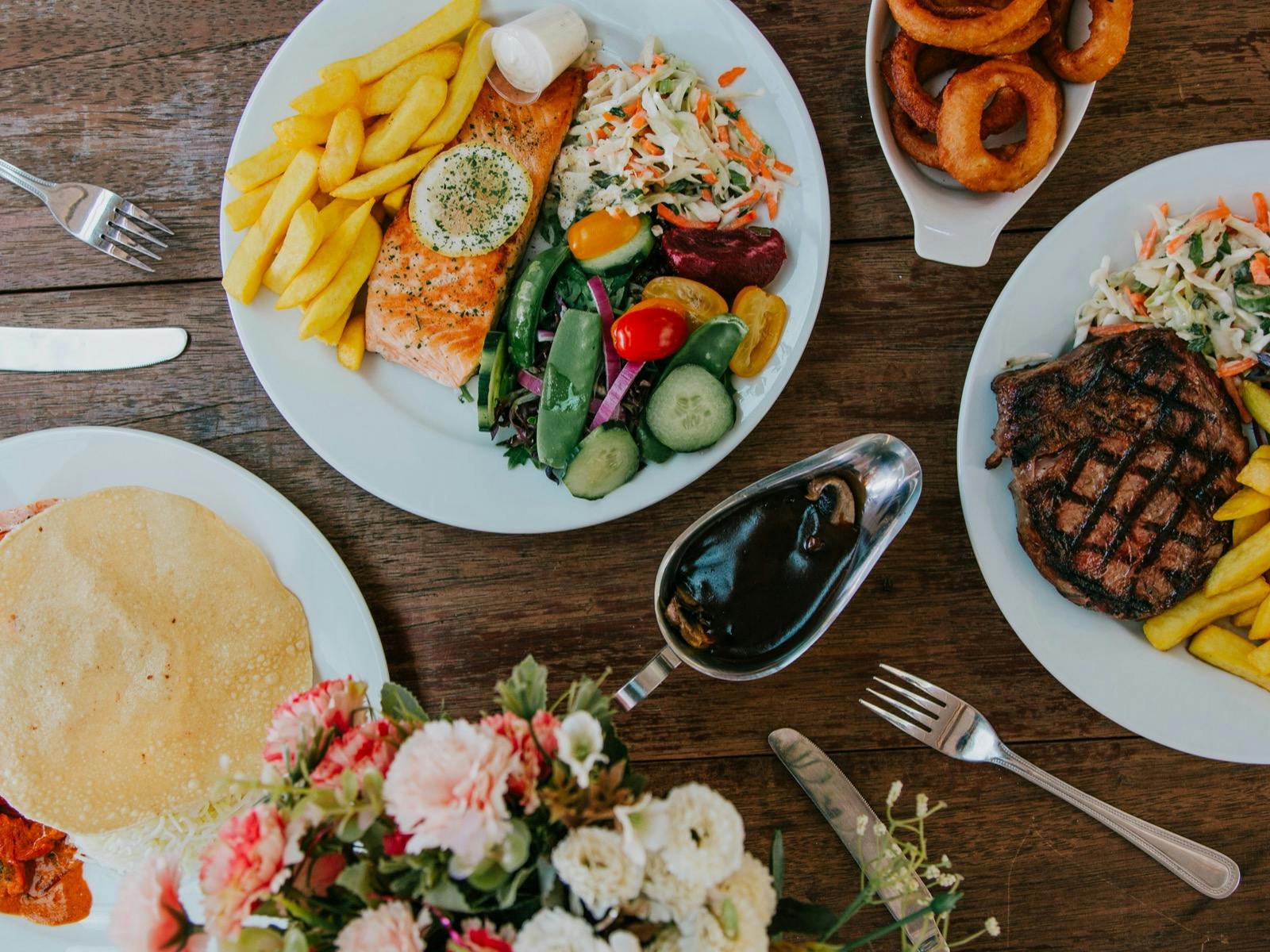 Salmon, Steak & butter chicken