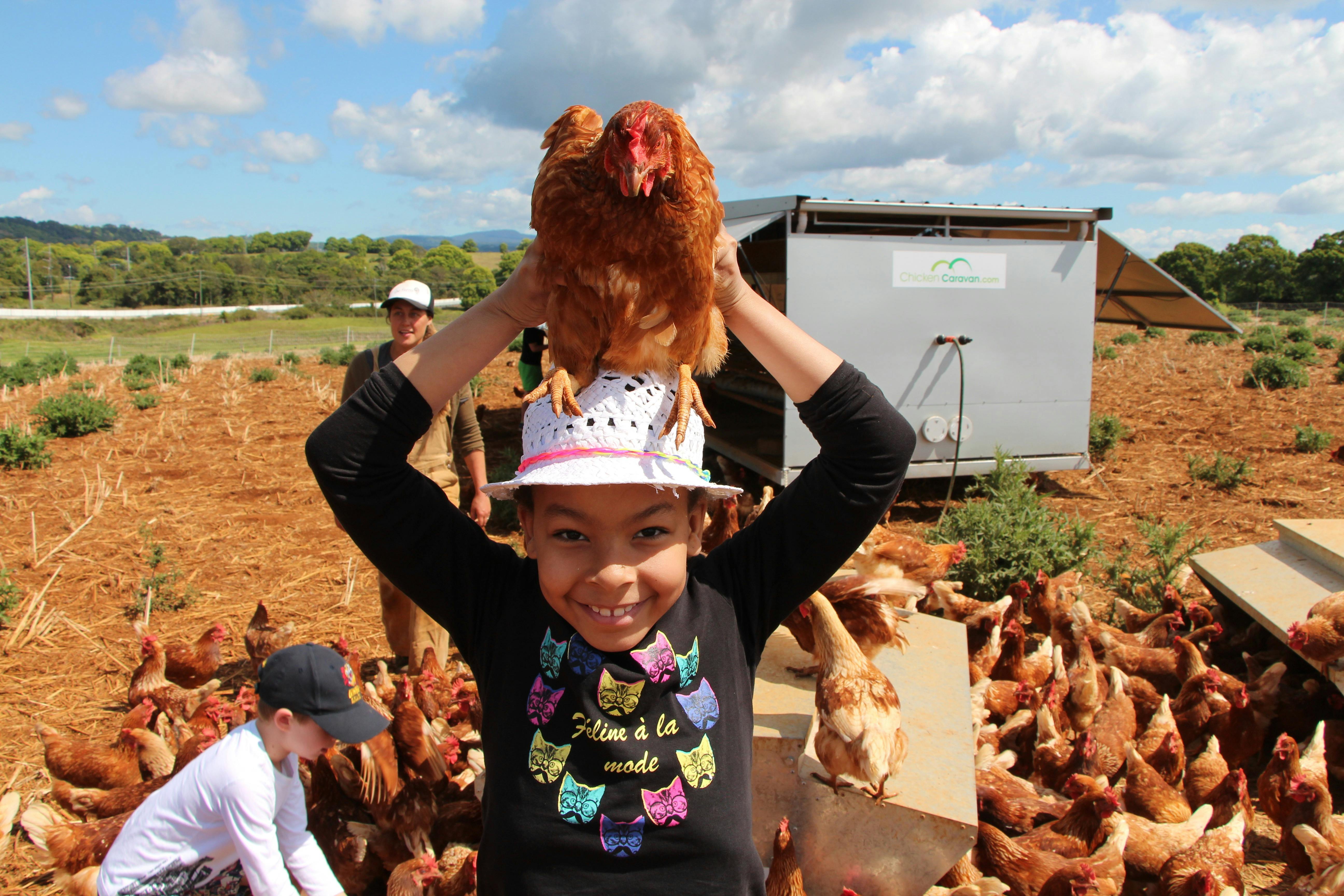 Picture of child holding a chicken at The Farm