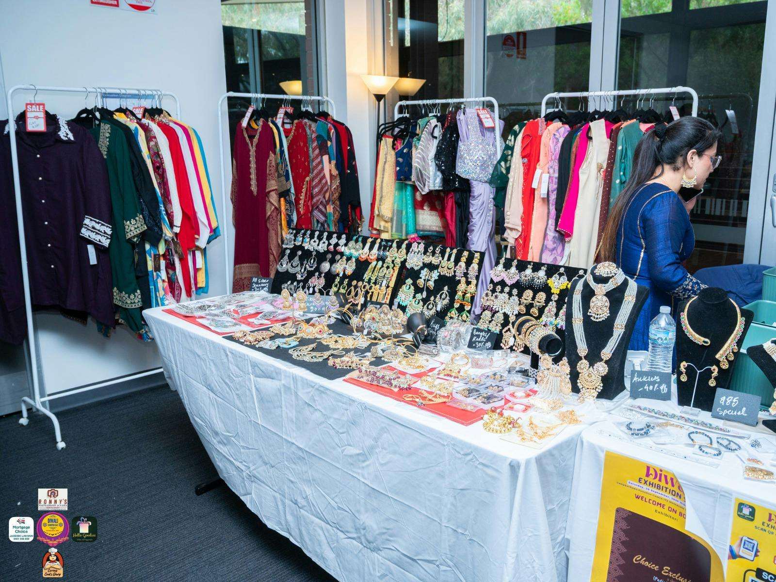 Jewellery and traditional Indian clothing displayed at a stall
