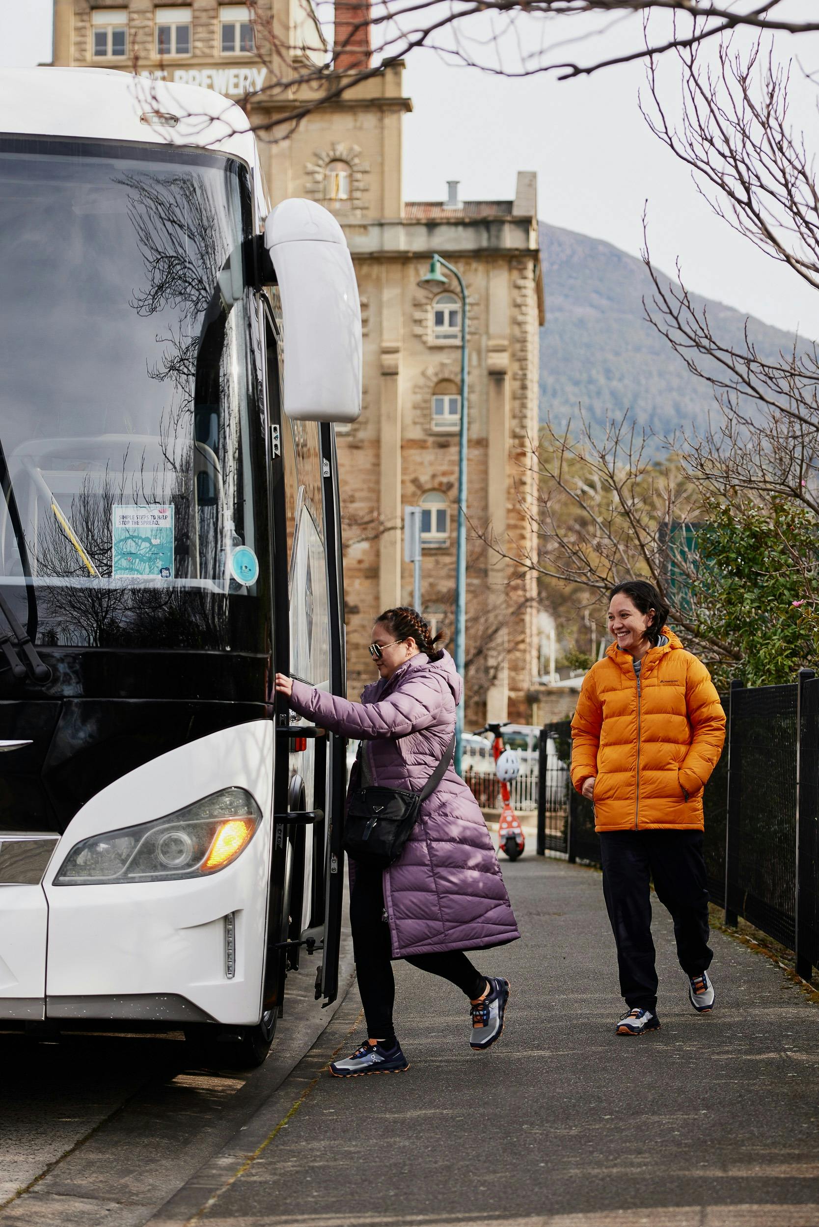 Guests enjoy a brief stop outside Cascade Brewery