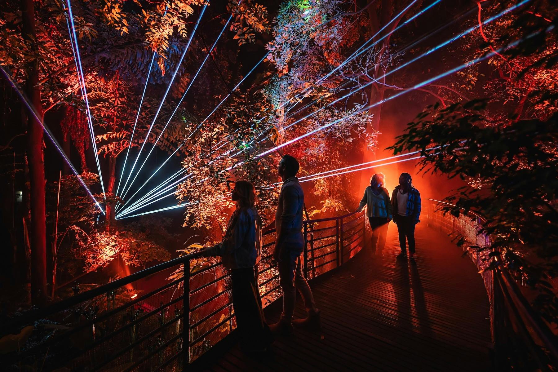 Four humans standing on a bridge in a forrest with red lighting and blue lasers coming through.