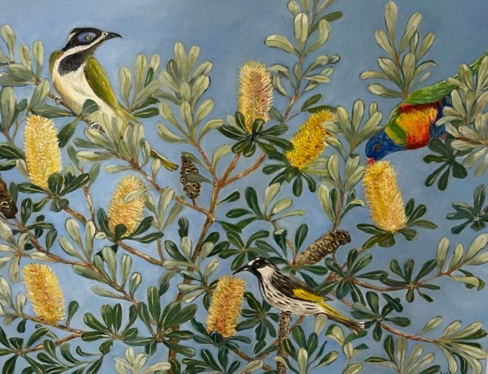 Symphony of sound and colour of birdlife breakfasting  in Yuraygir National Park  -Acrylic on Canvas