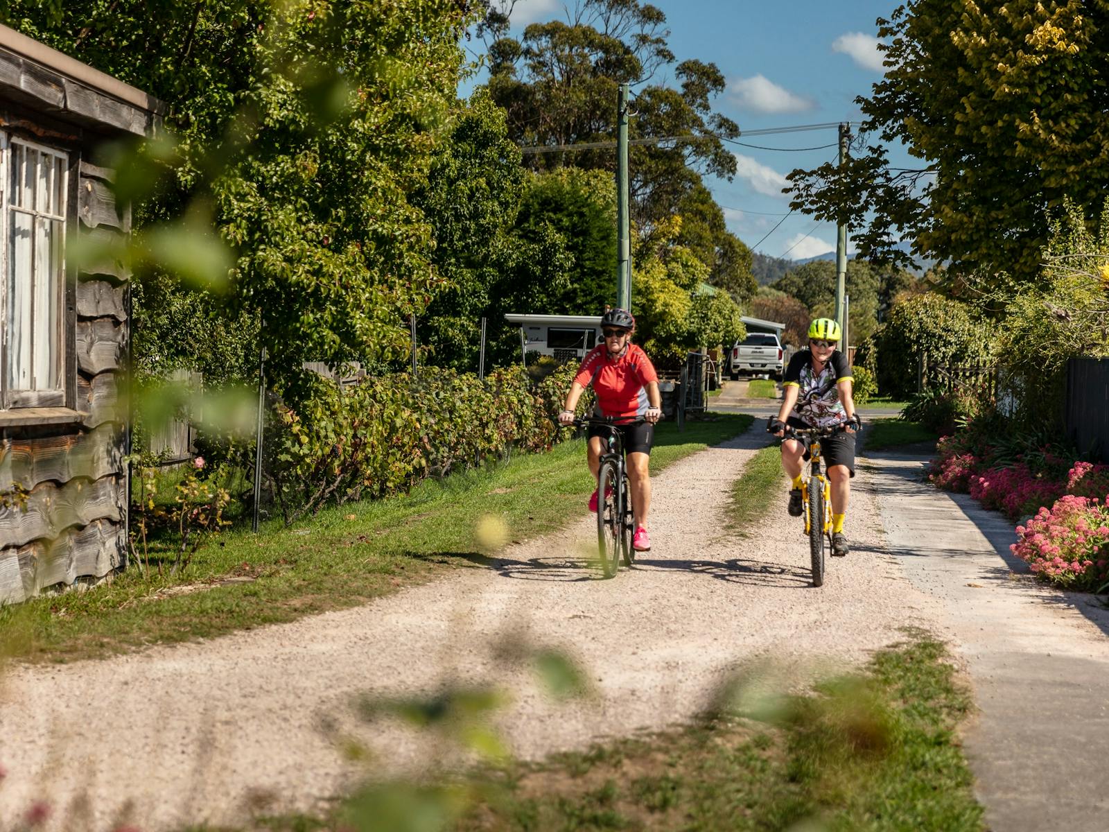 Two women on mountain bikes riding up the driveway.
