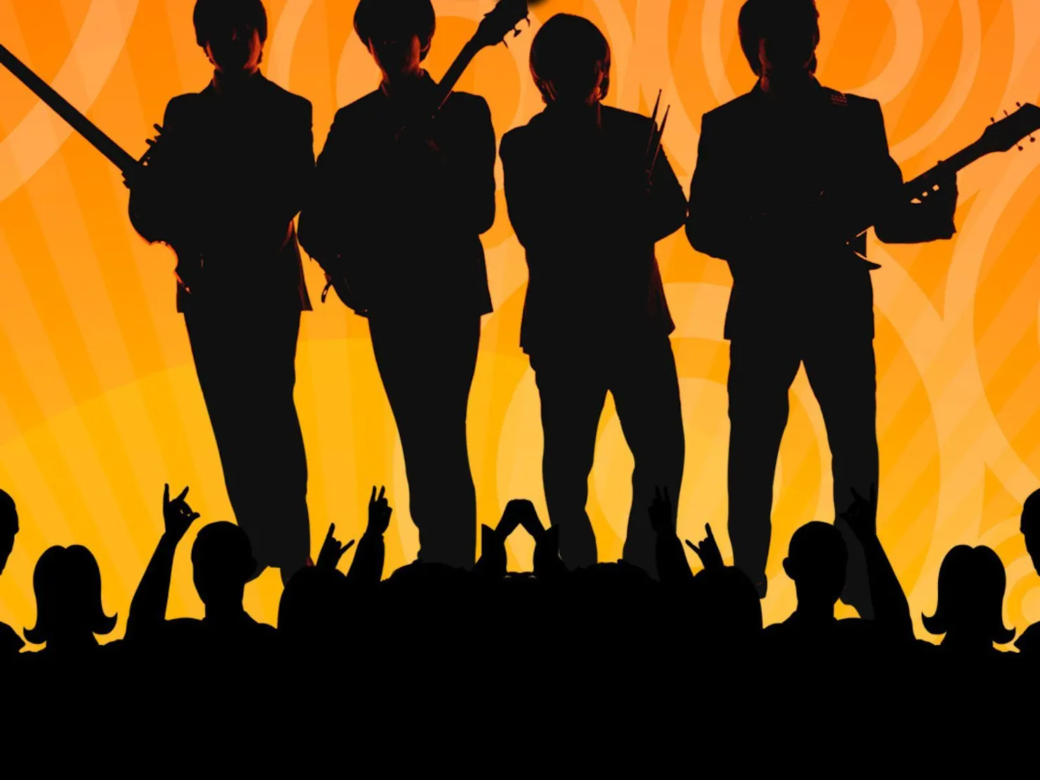 Silhouette of 4 men 3 with guitars