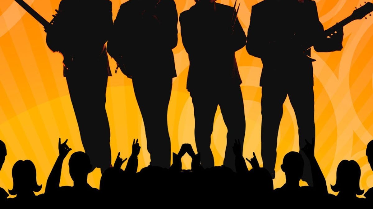 Silhouette of 4 men 3 with guitars