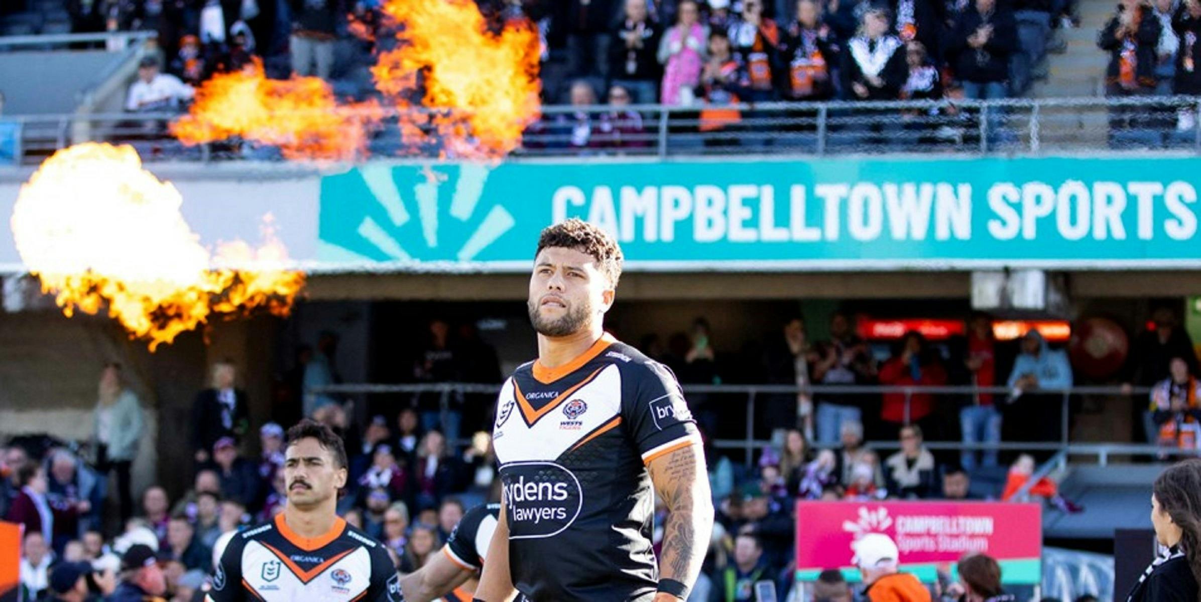 wests tigers players taking the field at Campbelltown stadium