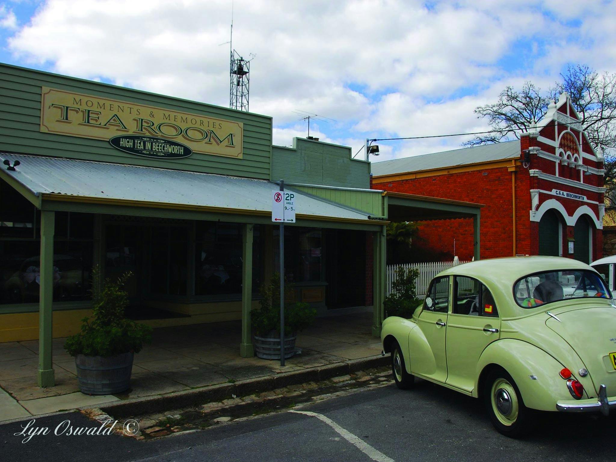 Front of Moments and Memories Tearoom with vintage car