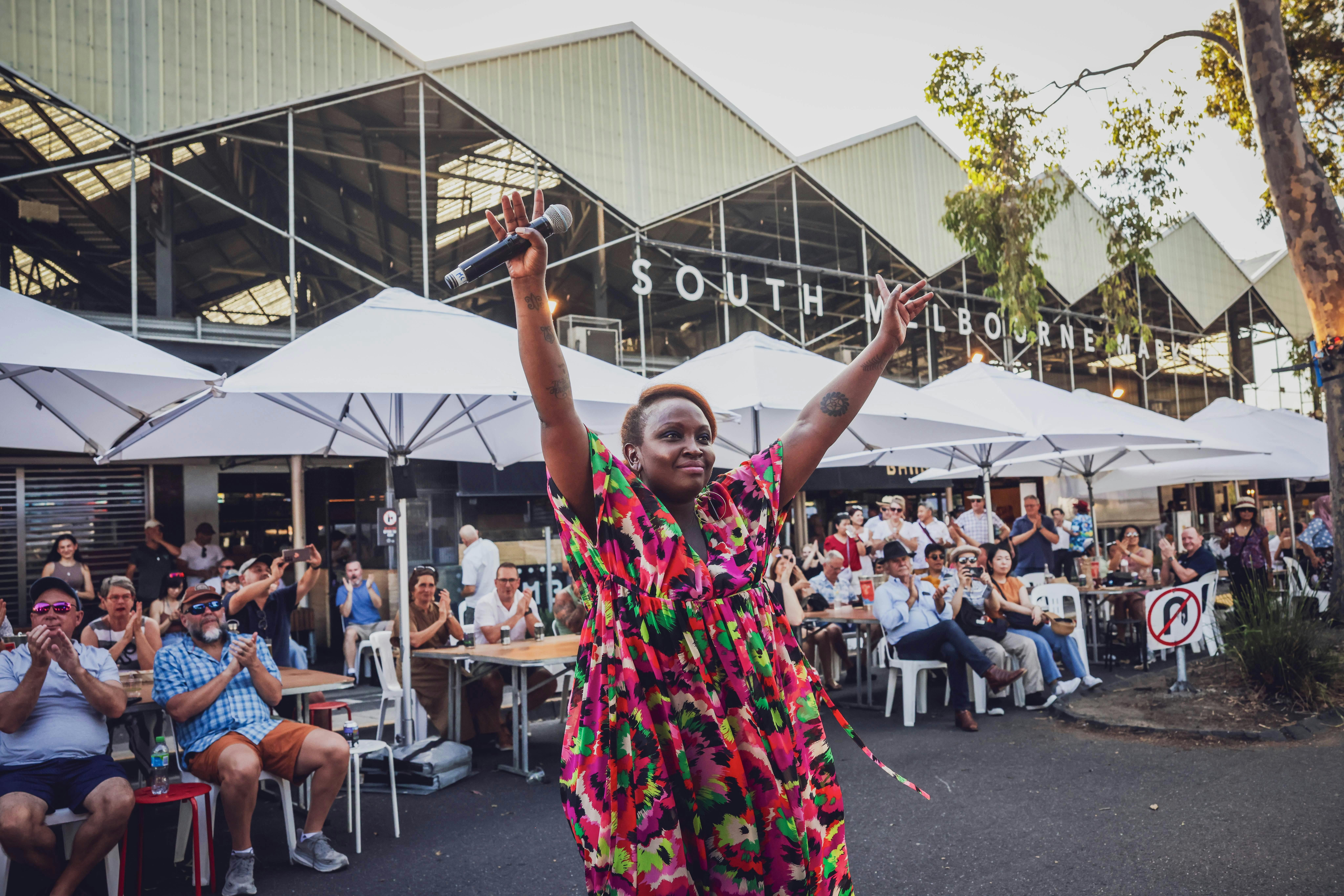 Reveler dancing to music at the Port Phillip Mussel & Jazz Festival