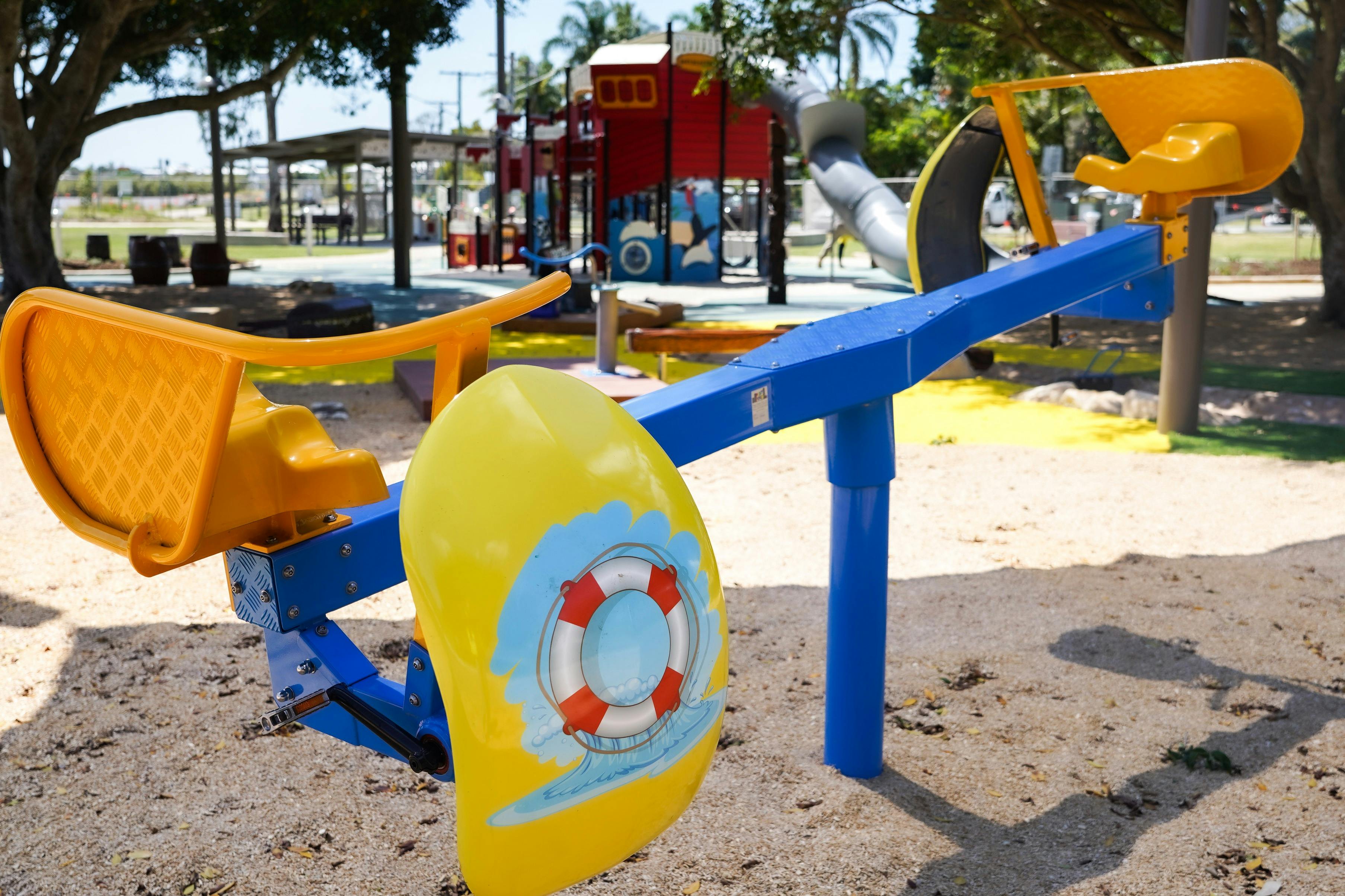 Blue & yellow cycle play at Beth Boyd Park, Thorneside – kids’ fun on Redlands Coast QLD.