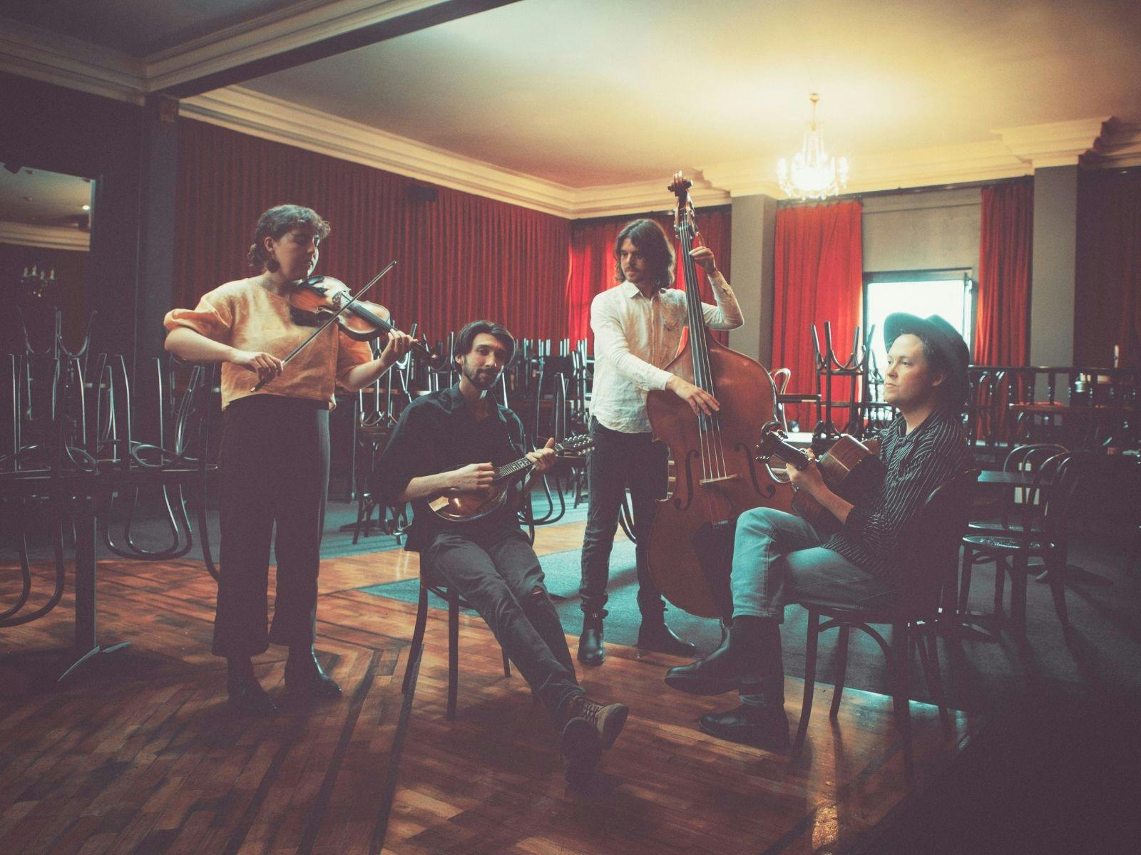 4 performers playing instuments in a pub