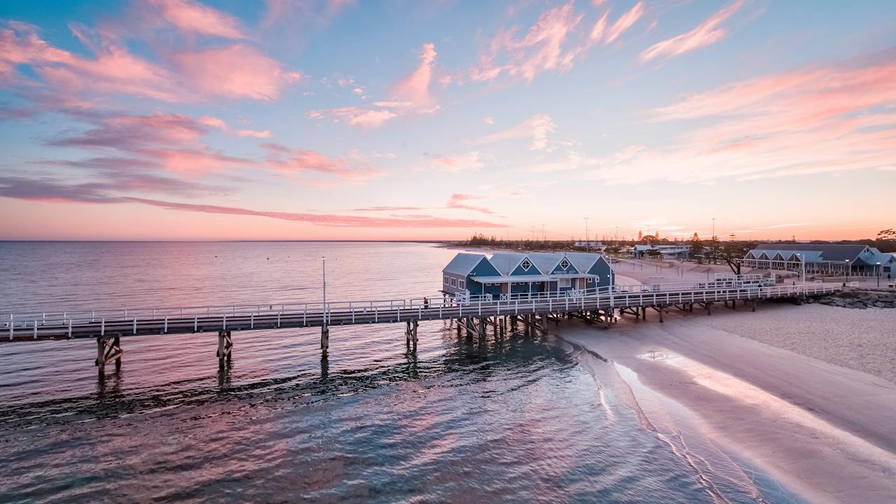 Busselton Jetty Interpretive Centre with Beautiful Pink & Blue Skies