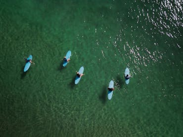 Surfers on boards in the water