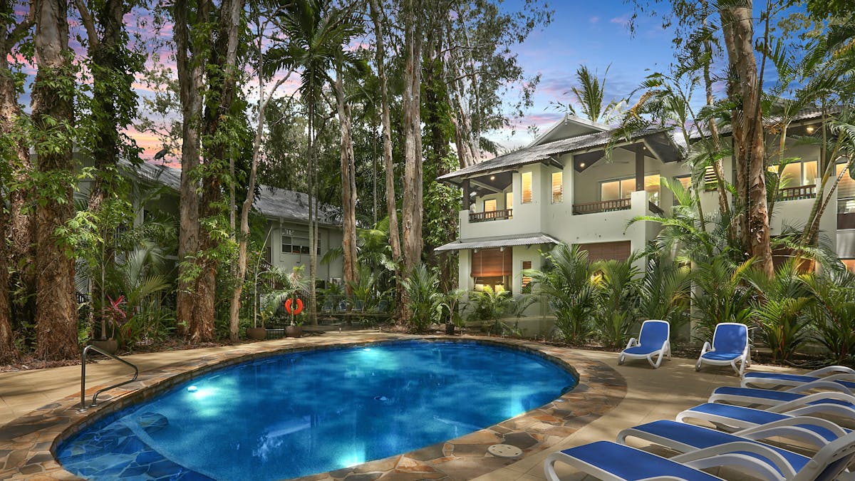 The heated outdoor pool