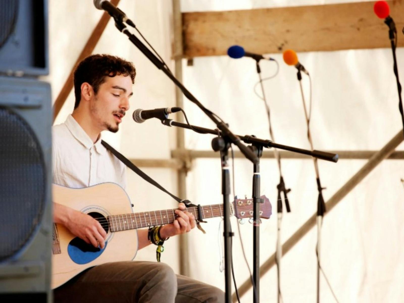 Image of a guitarist singing on stage