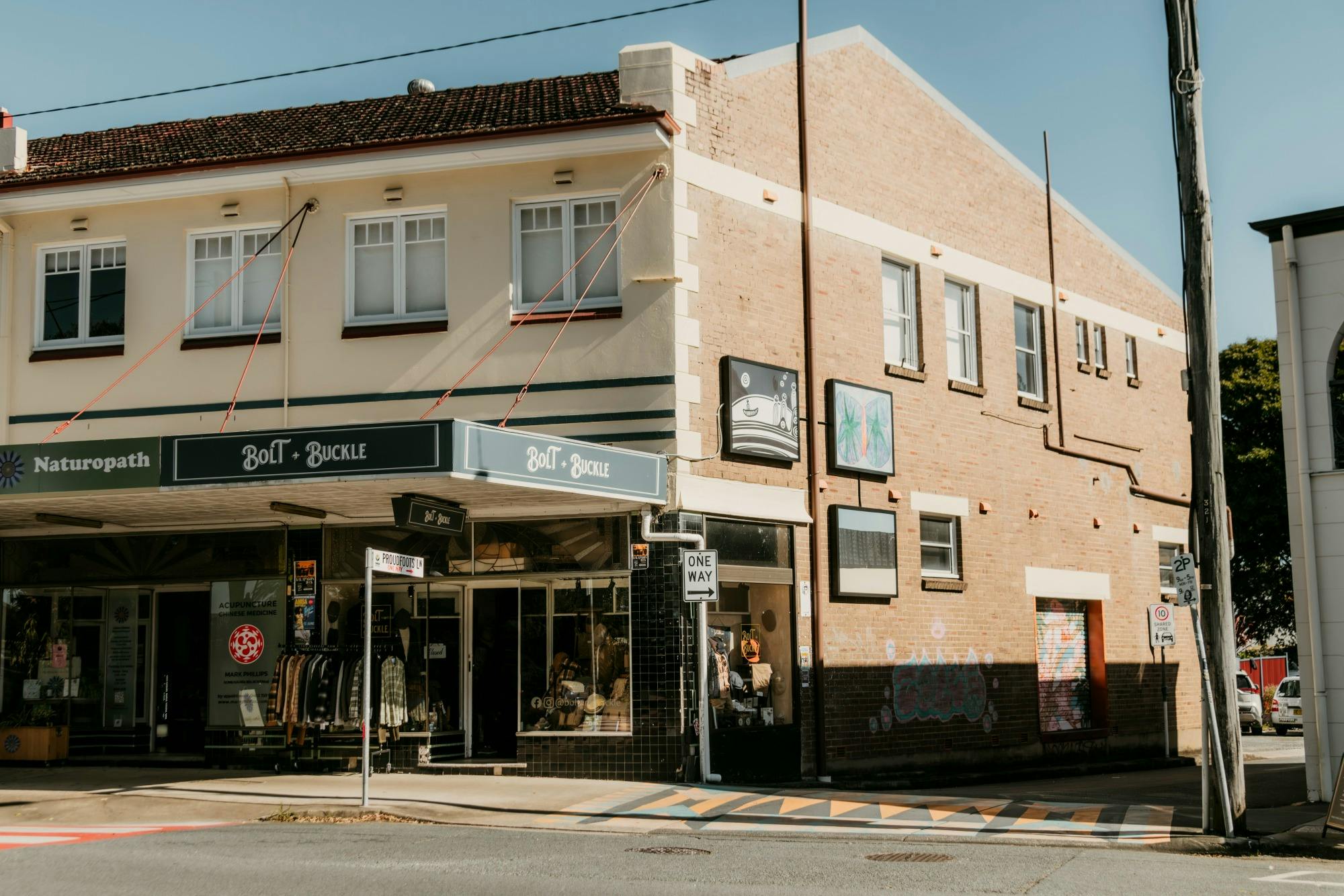 Bolt + Buckle shopfront on the corner of Commercial Rd and Proudfoots Lane, Murwillumbah