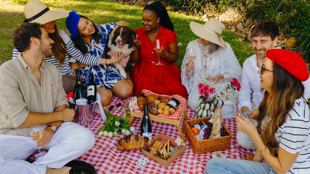 Friends sitting around a picnic with a cute dog