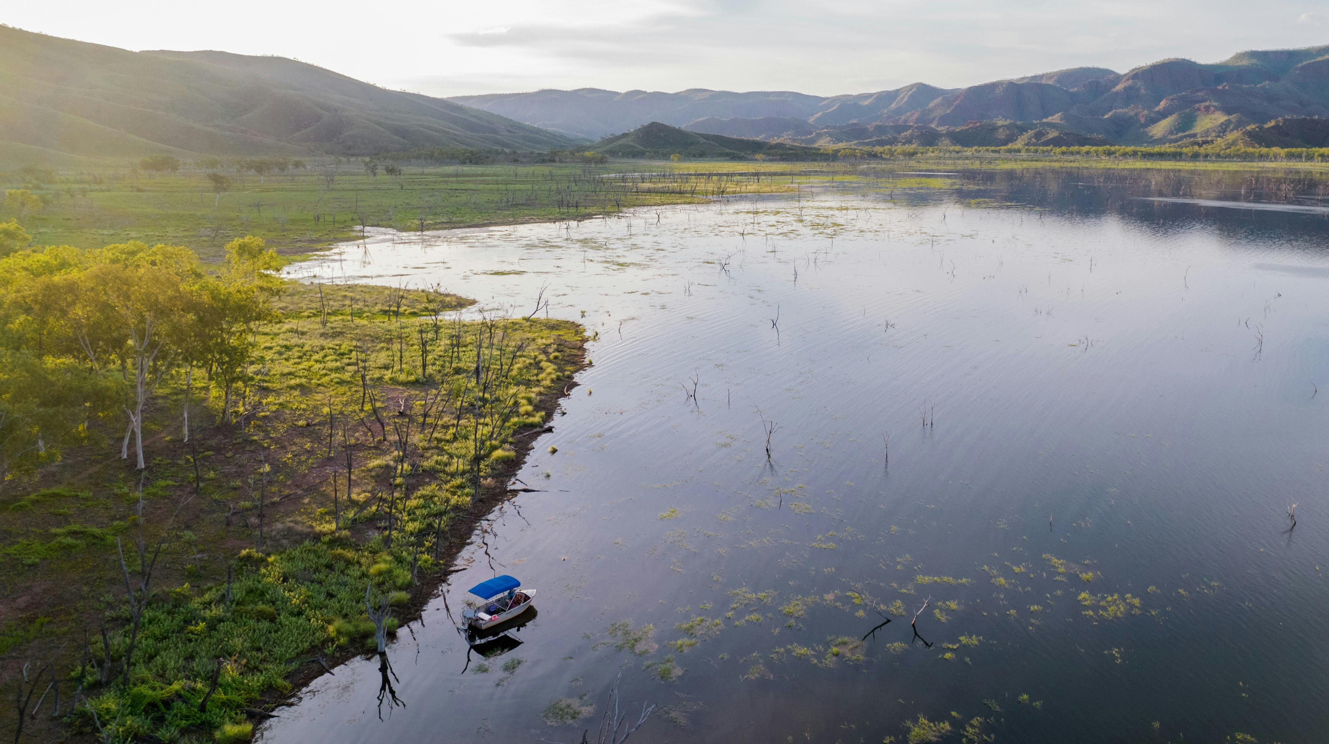 Hire dinghy in a beautiful bay of Lake Argyle