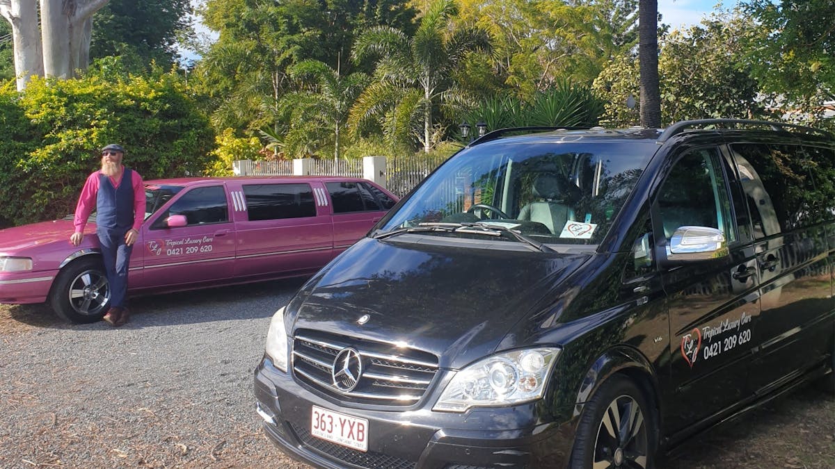 'Pink Lady' Ford LTD Limousine teams up with black Mercedes-Benz Viano Van at St Aubins Village