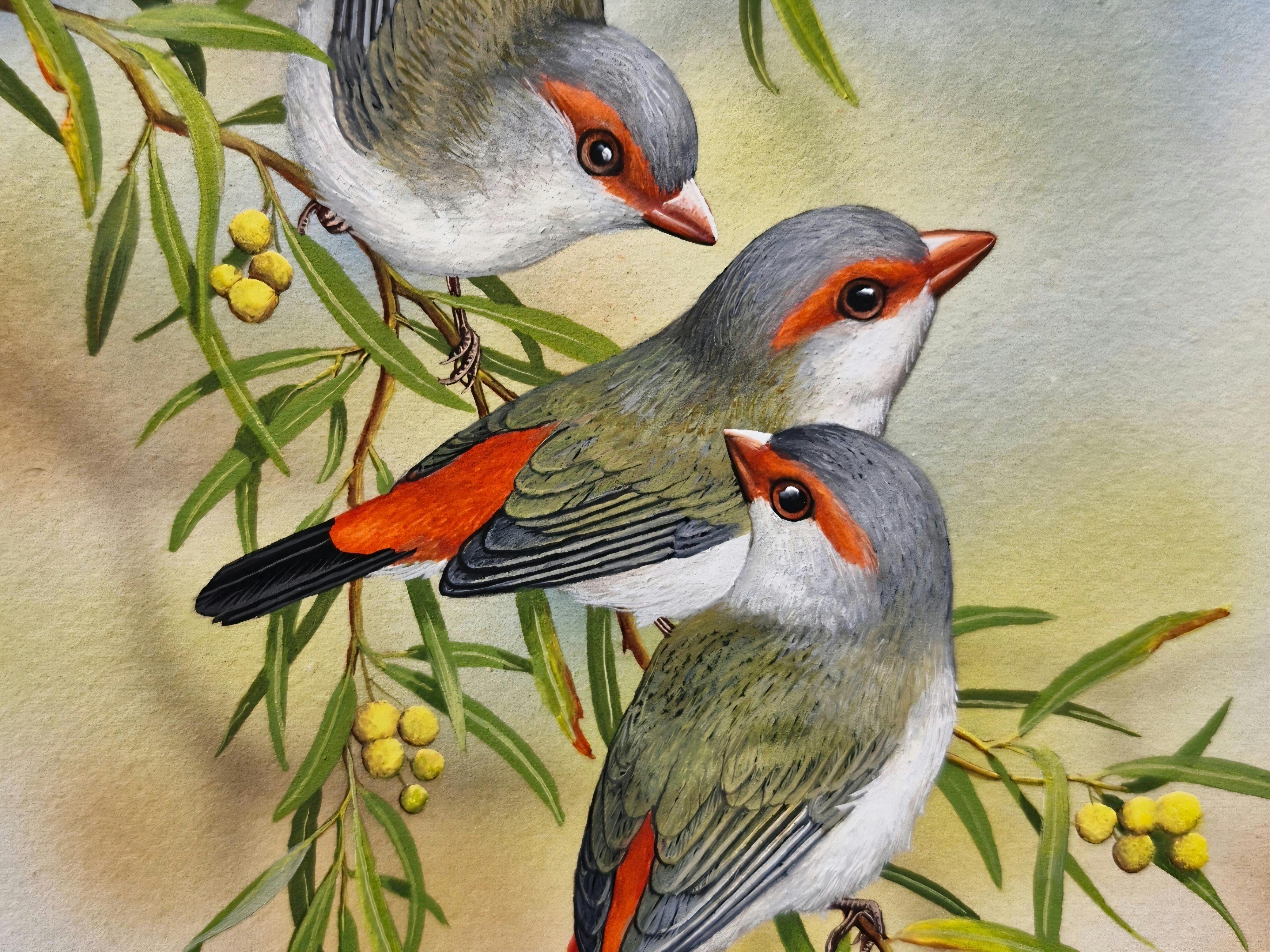 3 Beautiful Firetails on a yellow flowering wattle tree