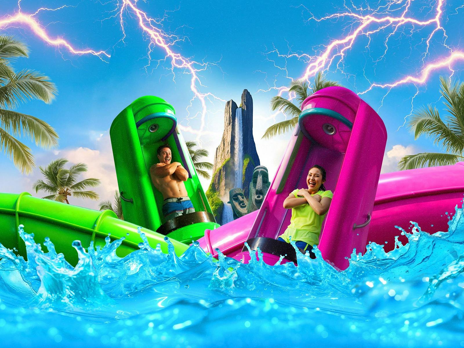 Two people in water slide capsules, surrounded by water