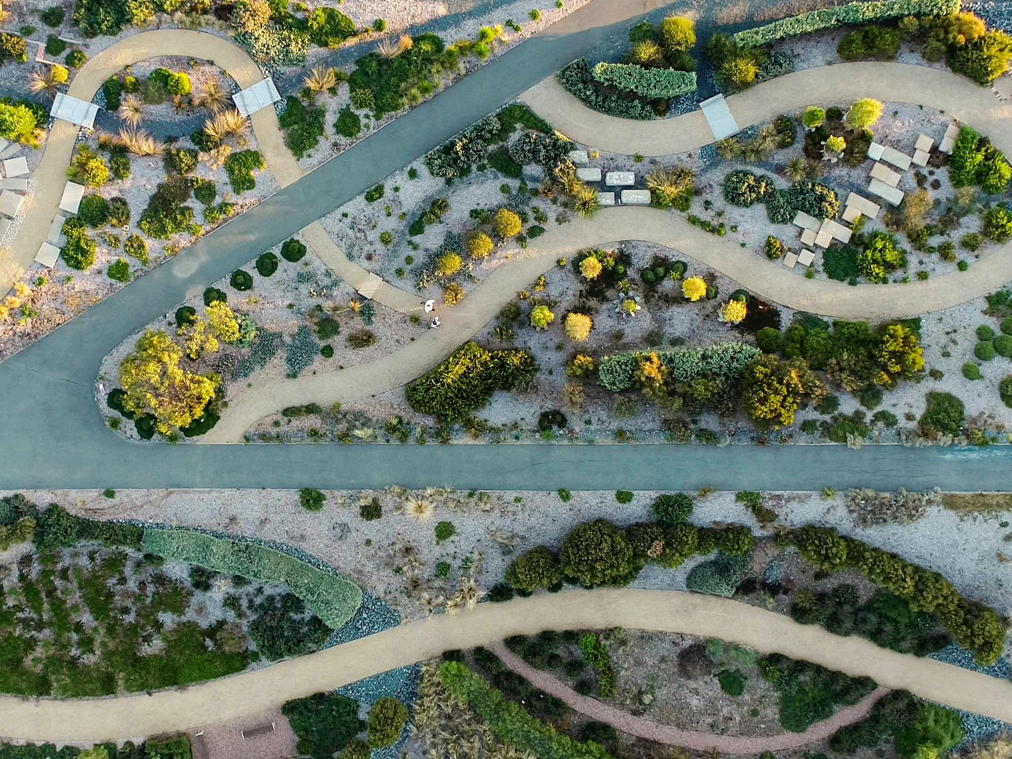 Aerial view of the paths meandering through the botanic gardens