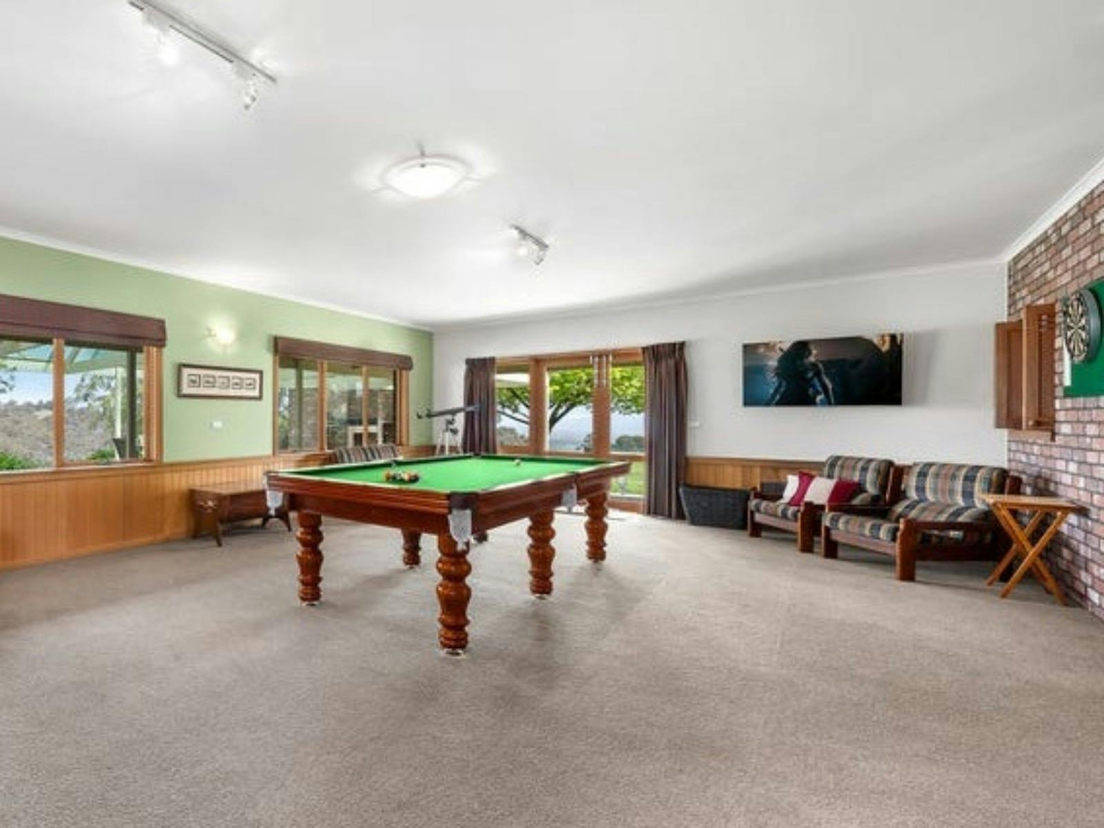 Indoor game room at Sambar Ridge farm stay in Alexandra, Victoria.