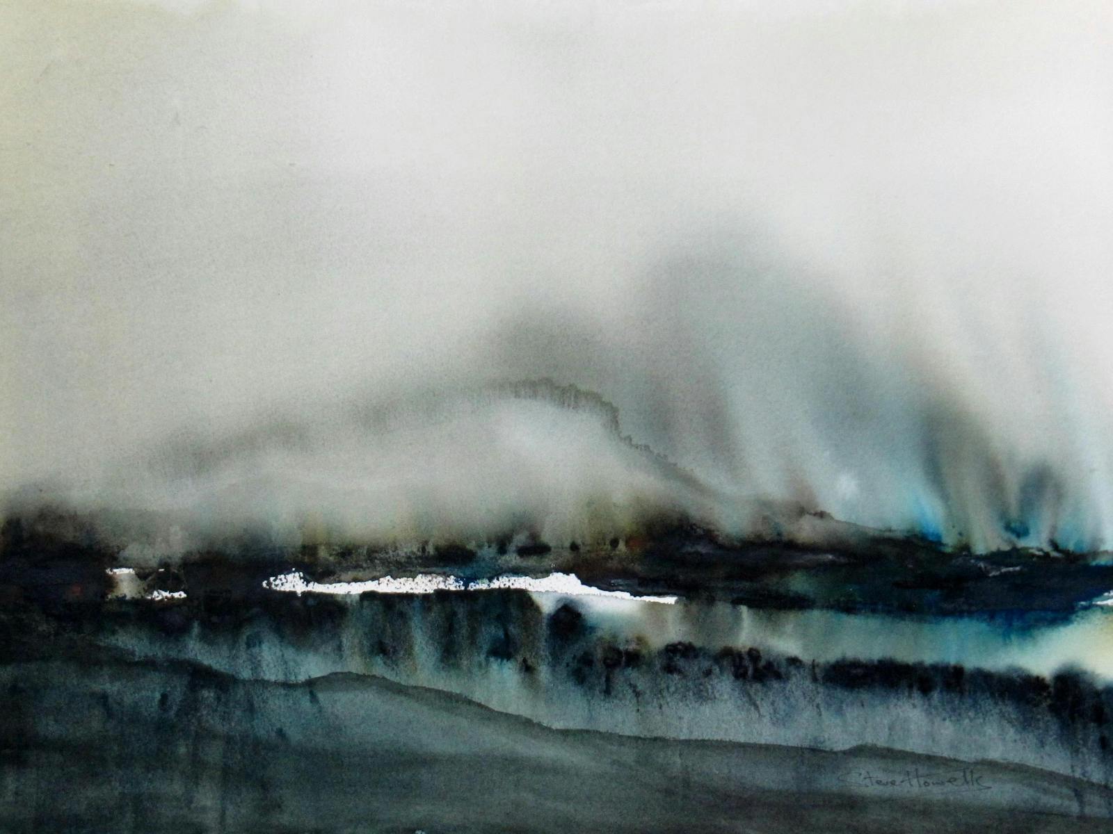 A dark, moody, watercolour of the "Devil's Gullet", an escarpment in Northern Tasmania