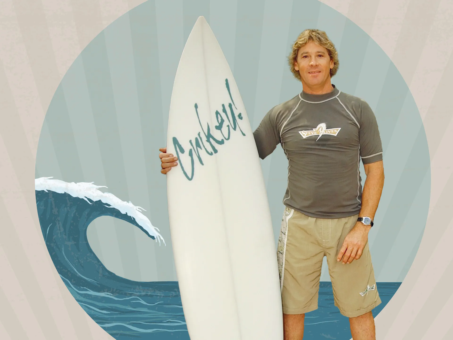 Steve Irwin with a surfboard that says "Crikey"