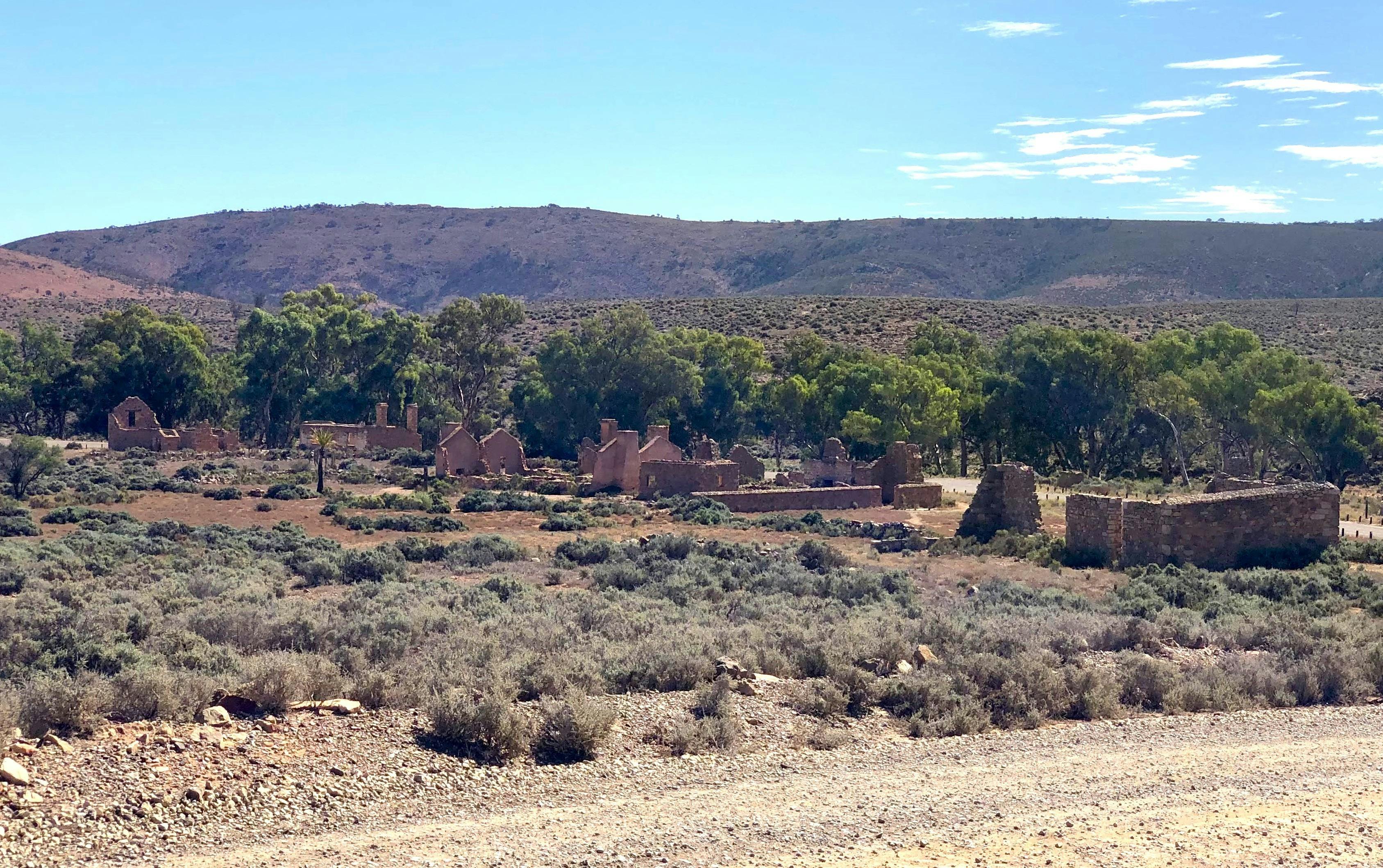 Distant view of sandstone ruins