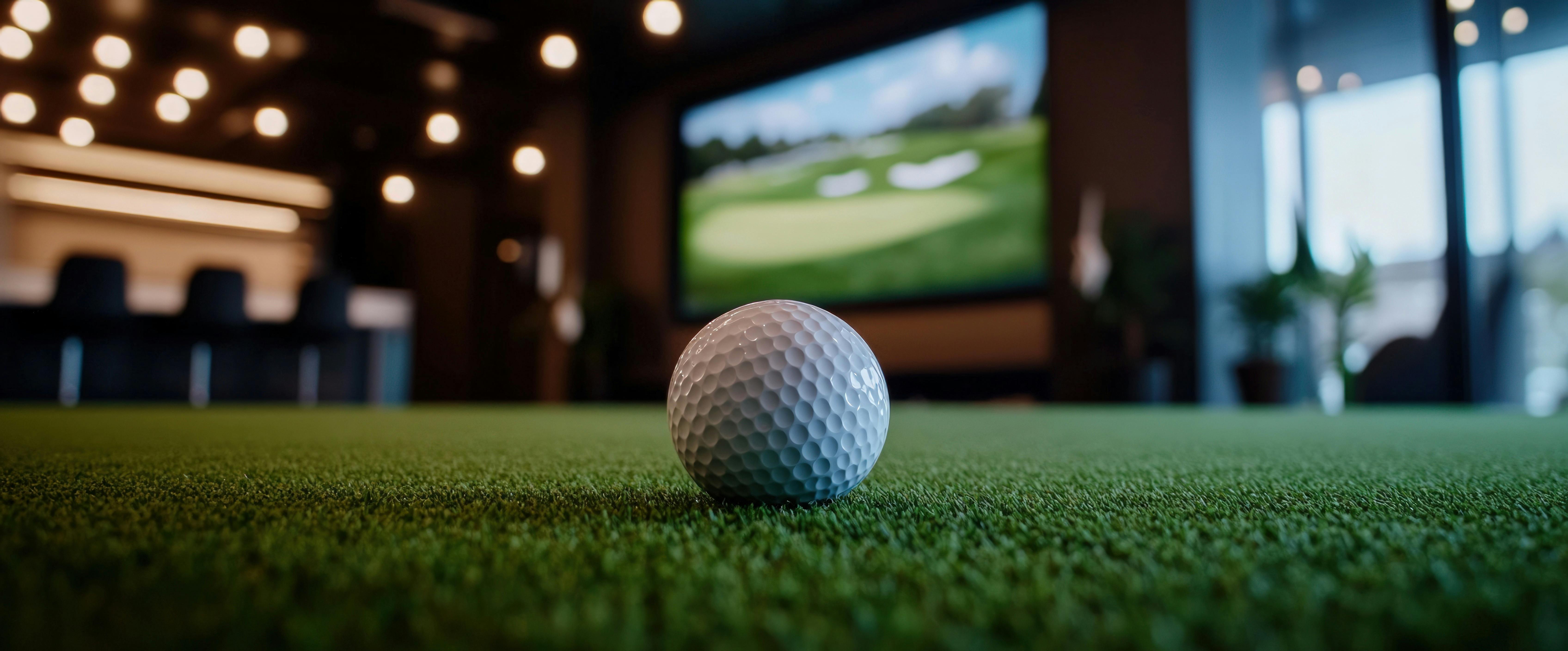 Golf ball on artificial grass with blurred indoor simulator lights behind.