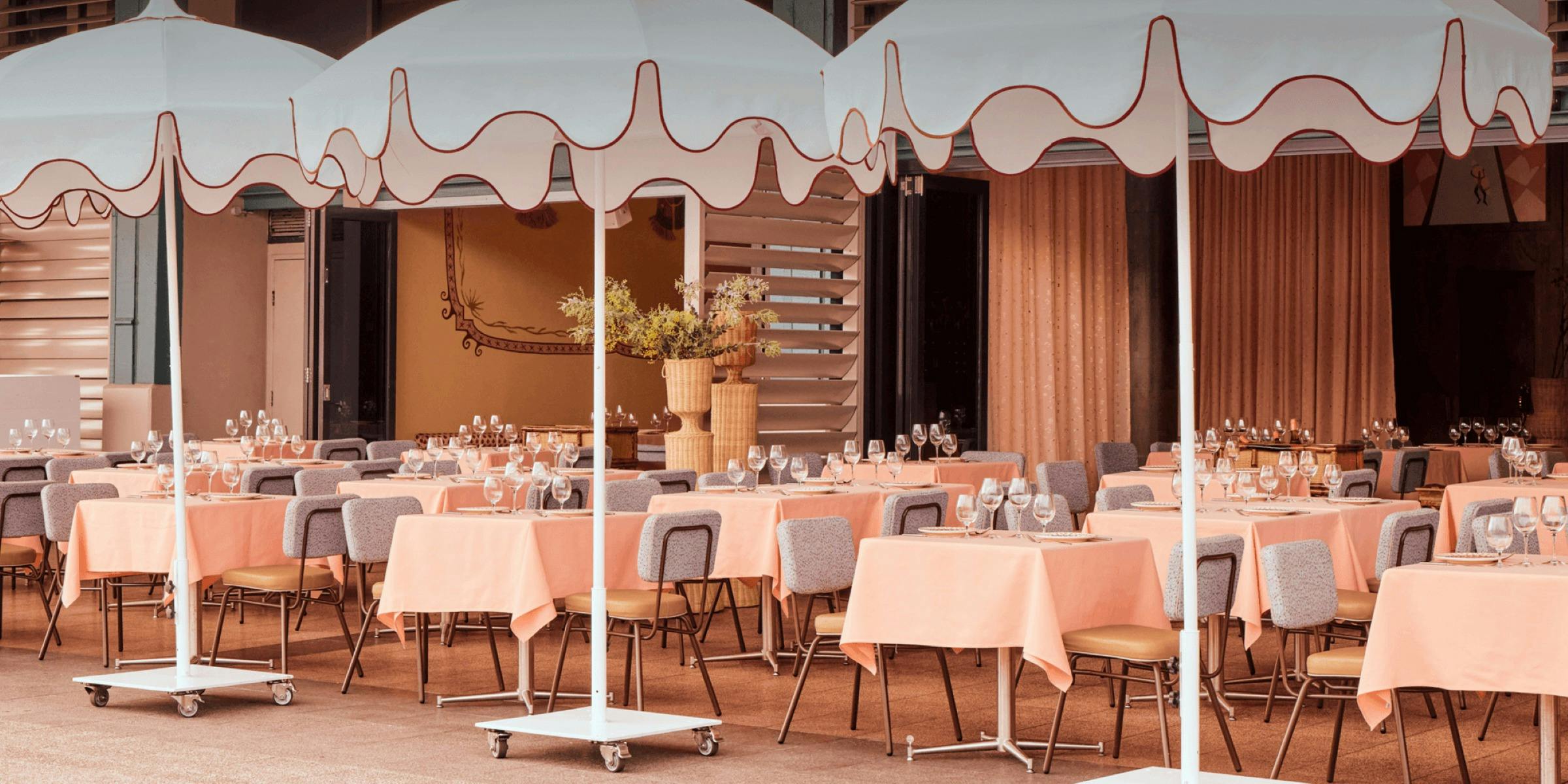 umbrellas and outdoor tables at at Akti Greek Restaurant Woolloomooloo Sydney