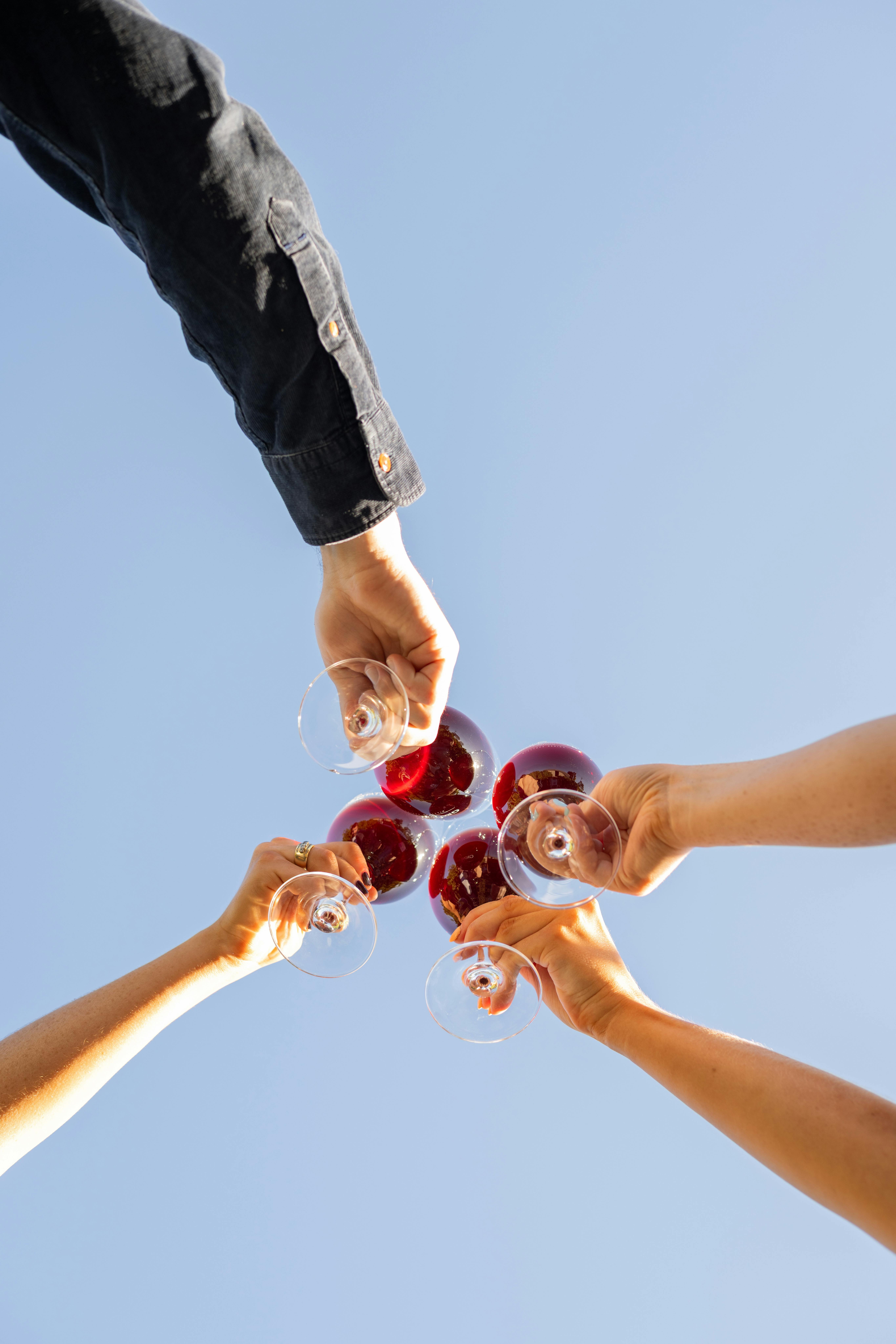 Group of friends raising glasses of red wine in a toast under a clear blue sky.