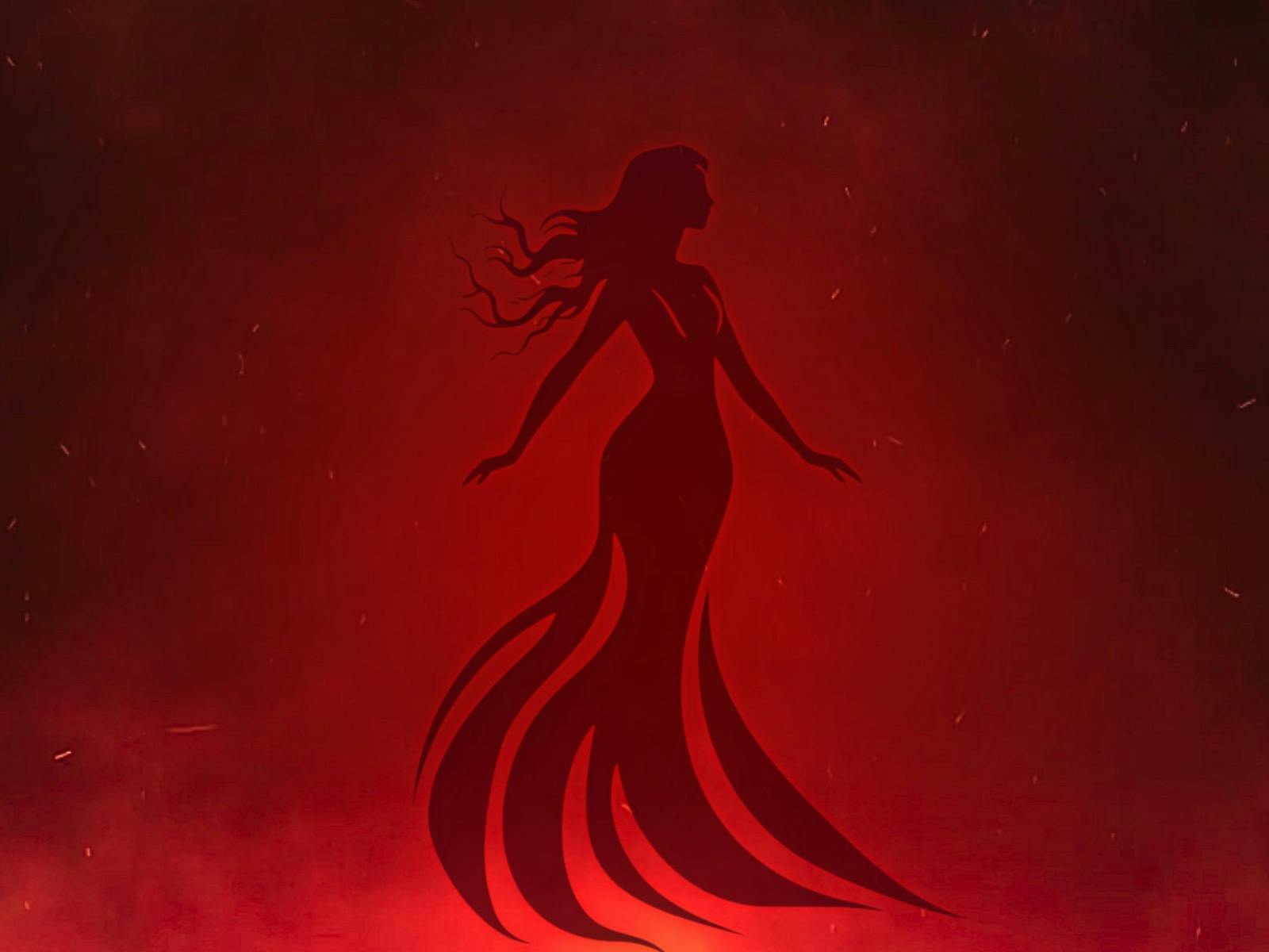 Carrie character ghostly shadow silhouette moving through a fire background