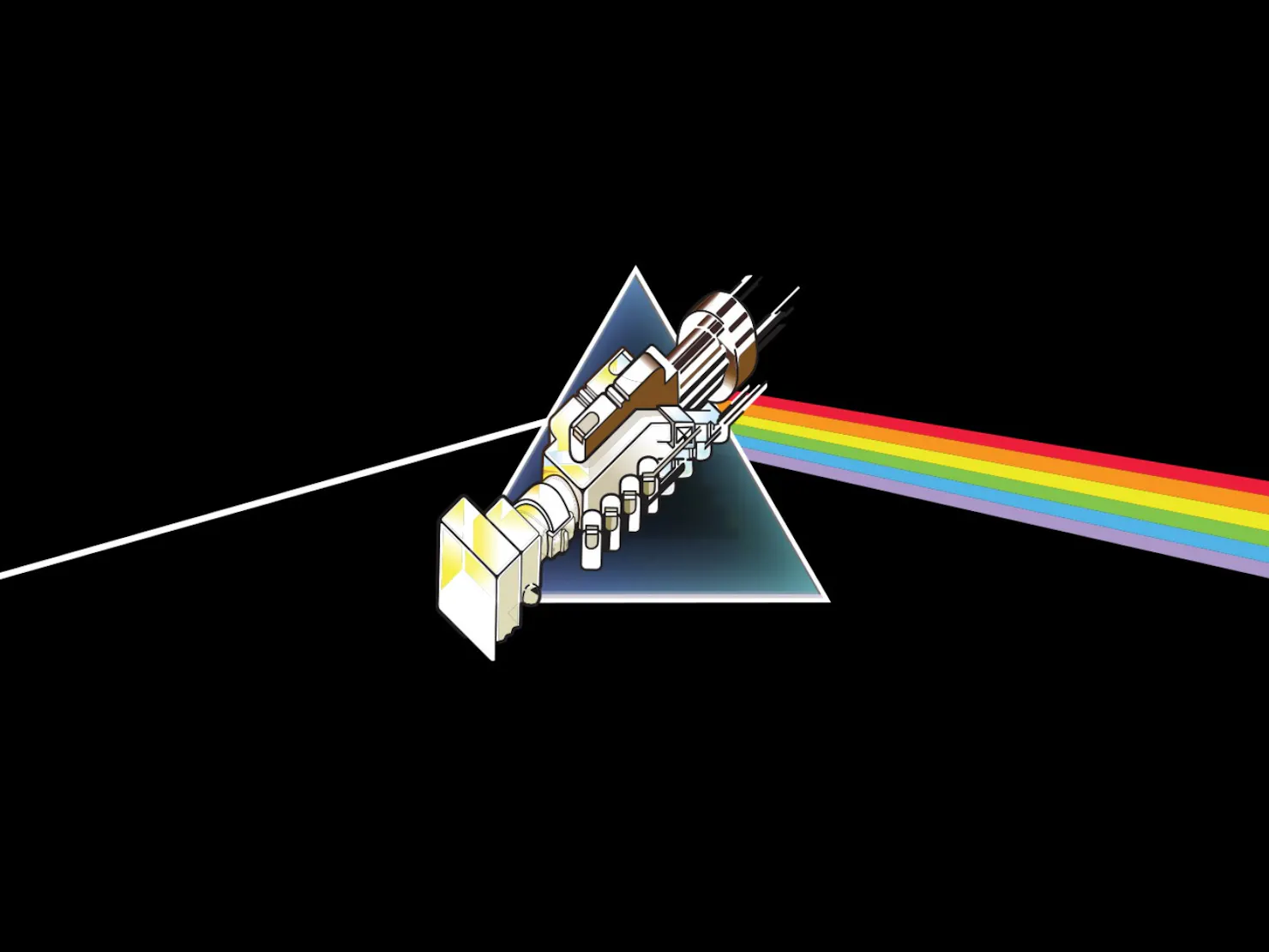 A rainbow going through a satelite in a triangle.