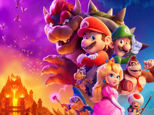 The Mario Bros characters are arranged in a central group against a background of stormy sky.