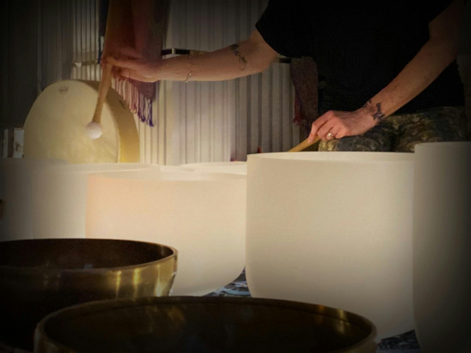 Crystal and Tibetan singing bowls.