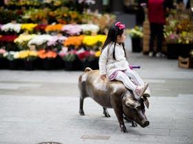 A young girl sitting on the Rundle Mall pig