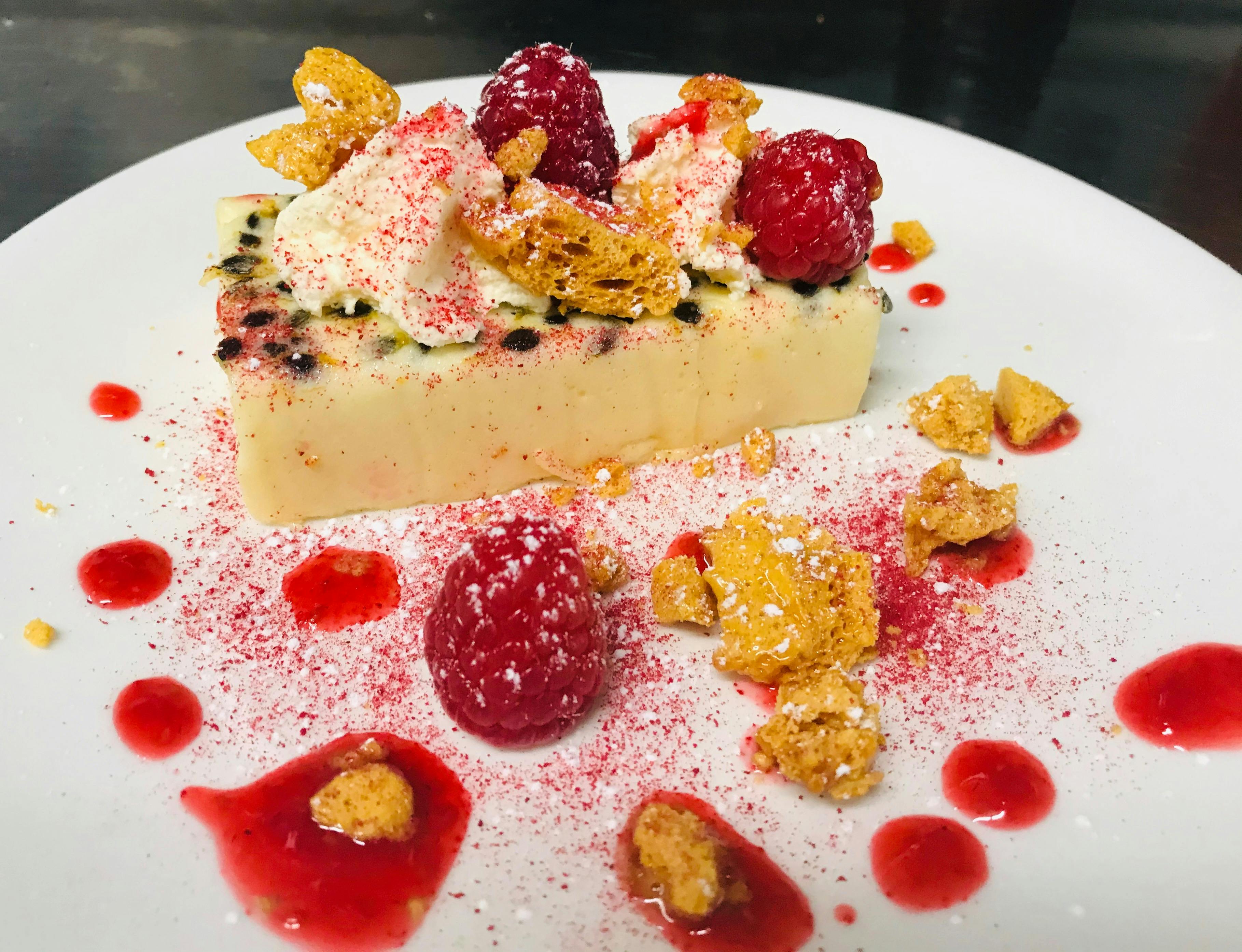 passionfruit marshmallow with housemate honeycomb and fresh raspberries