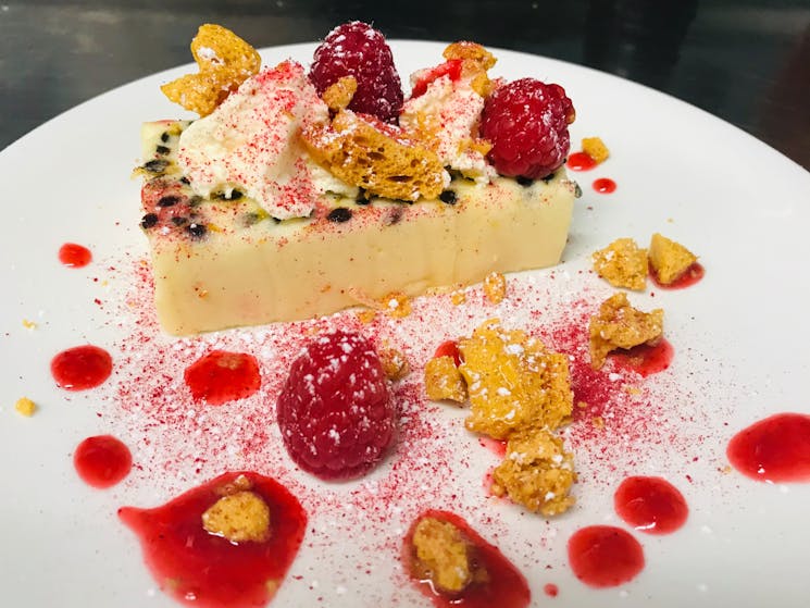 passionfruit marshmallow with housemate honeycomb and fresh raspberries