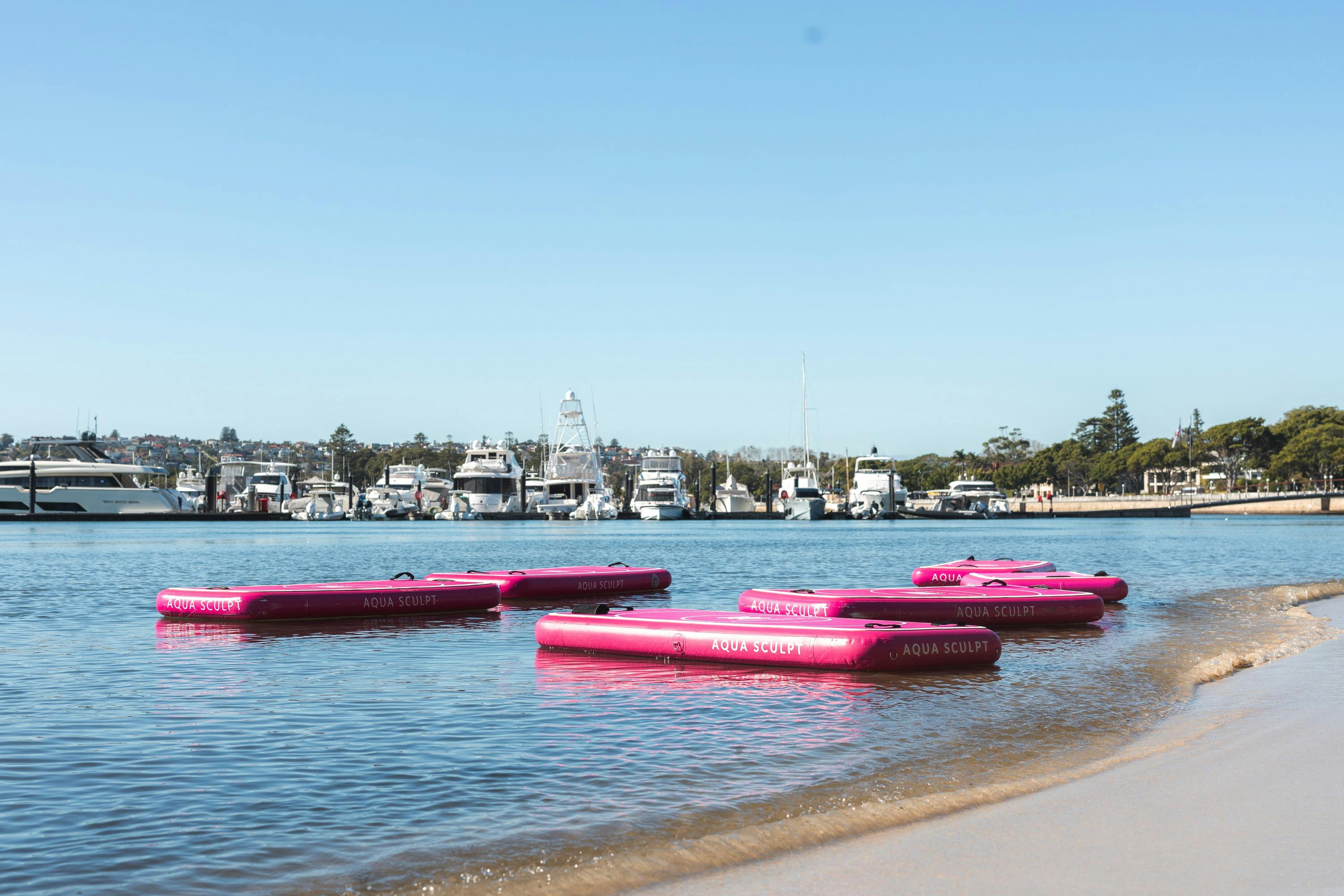 벨라미 비치 로즈 베이의 물 위에 떠 있는 여러 개의 아쿠아 스컬프트 보드