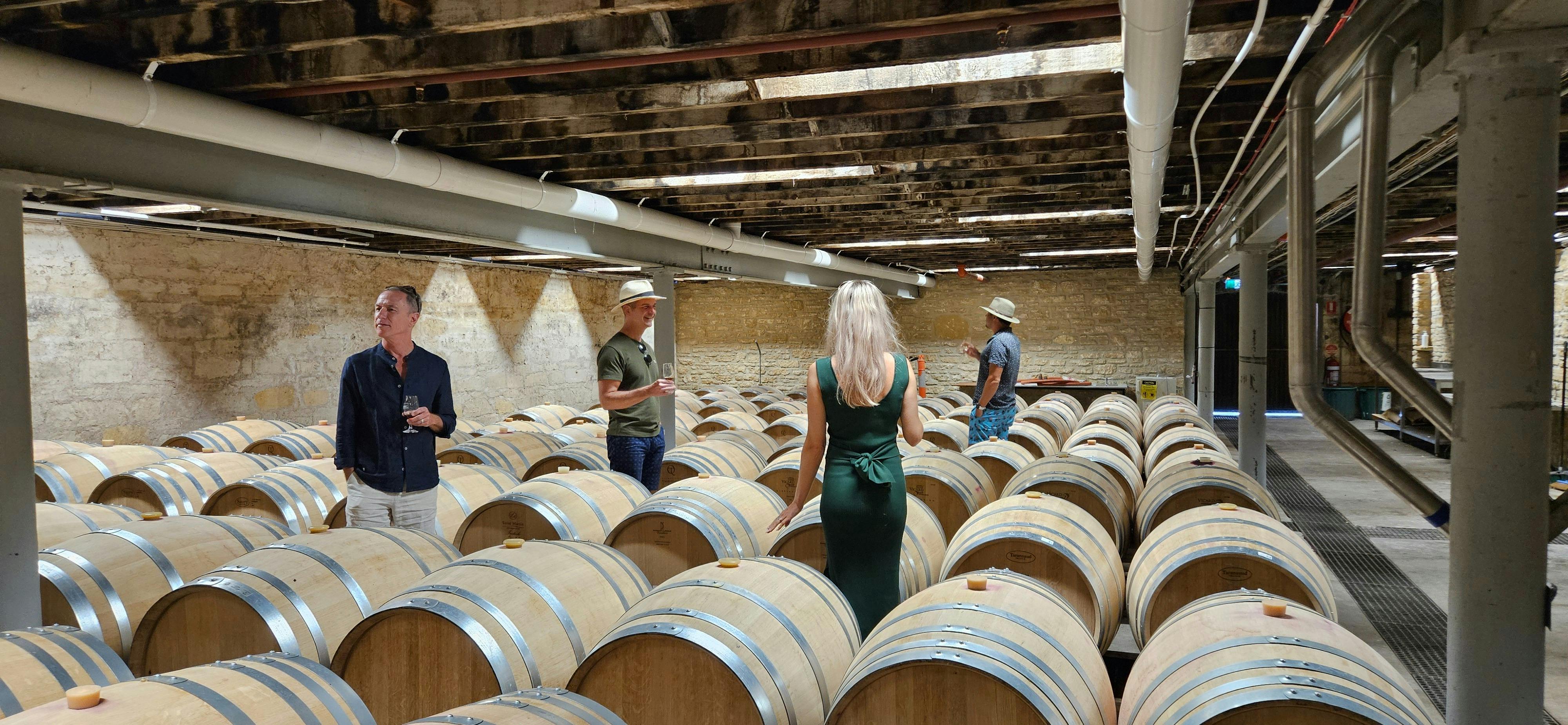 Private wine tour guests in the barrel cellar at Wynns Coonawarra