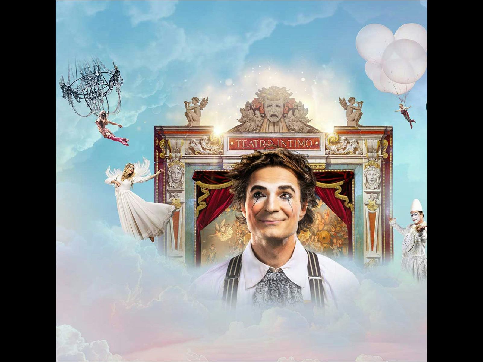 Clown in middle of image in front of a theatre with other characters floating around in background