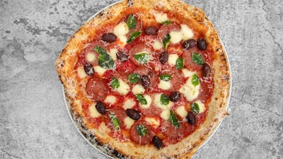 San Marzano Tomatoes, Fior de latte, Pepperoni, Olive, Oregano, finish with Roasted Fennel Seeds