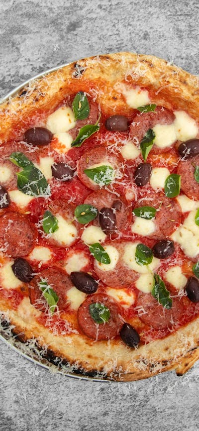 San Marzano Tomatoes, Fior de latte, Pepperoni, Olive, Oregano, finish with Roasted Fennel Seeds