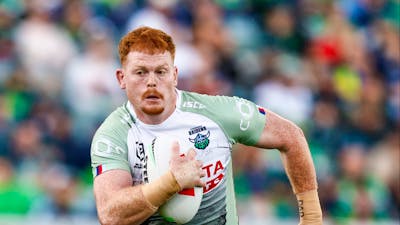 Canberra Raiders player Corey Horsburgh passing the ball.