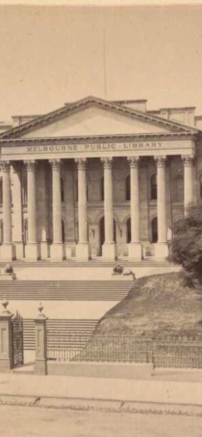 A sepia photograph of the Melbourne Public Library in 1879.