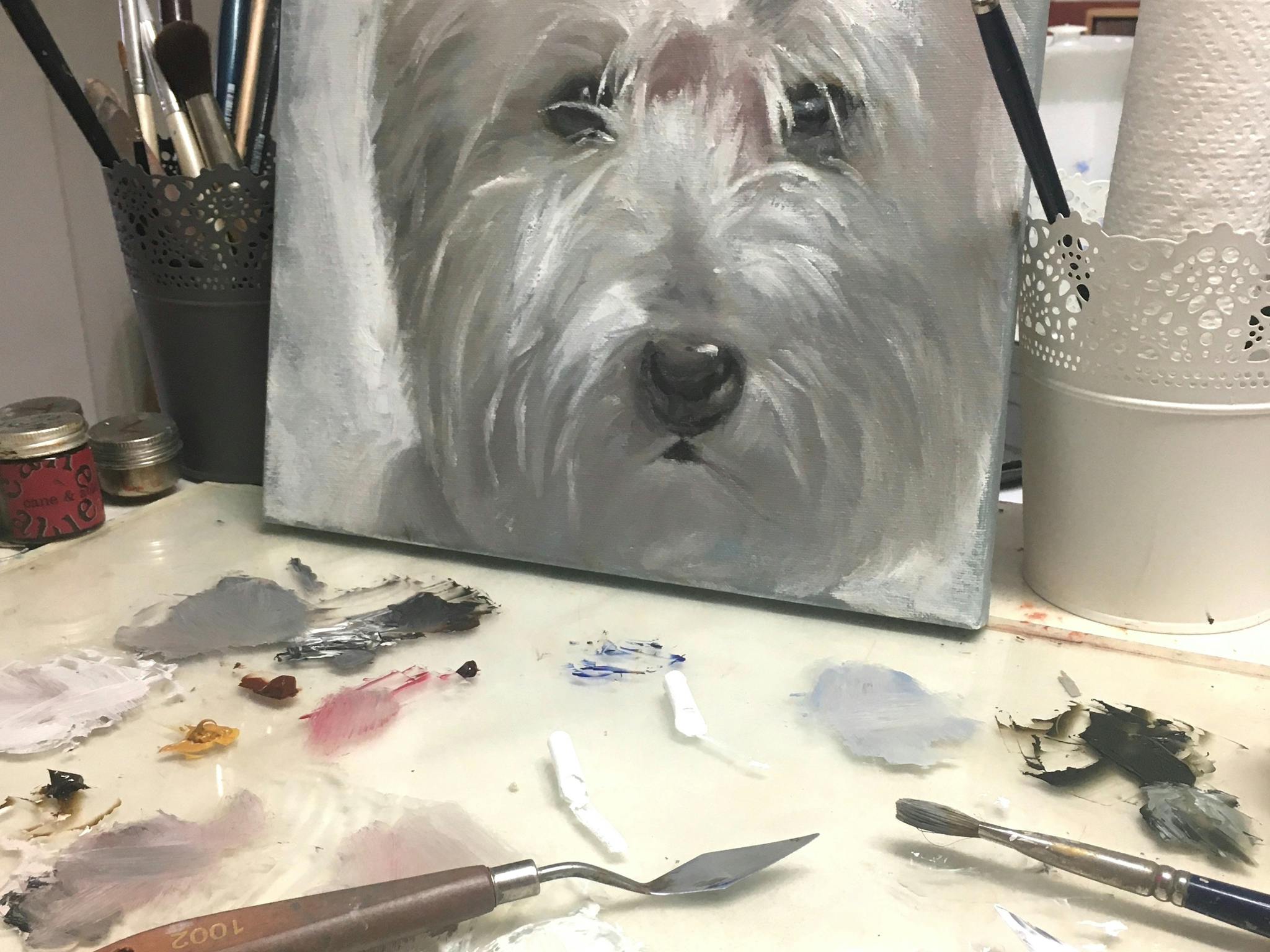 Westie in process with his palette